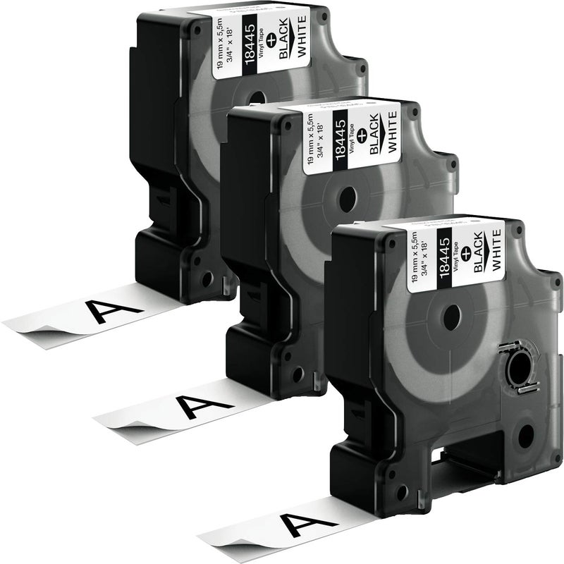 SIKOT Ind Vinyl Labels 18445 Cartridge Ribbon Permanent Vinyl Industrial Label Tape,Black On White Vinyl Film Compatible For With Rhino 4200 5200 6000 Label Makers, 3/4"" Width 18' Length 3 Pack - Image 1